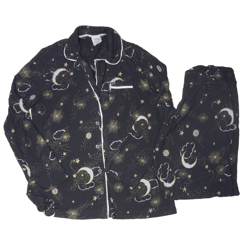 Soma Pajama Set Celestial Womens Medium Pants Button LS Top PJs Black Gold Stars